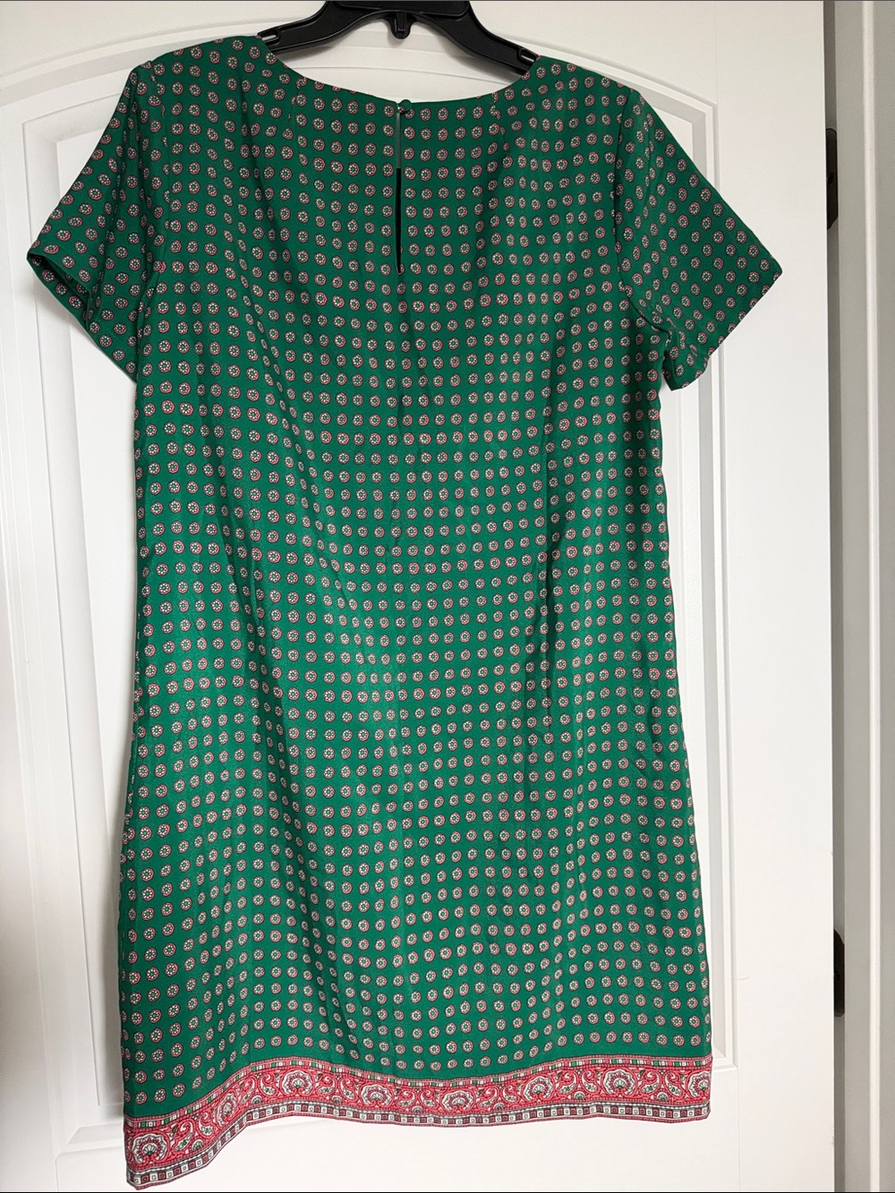 J. Crew Factory Green Patterned Short Sleeve Shift Dress with Pink Border - Picture 3 of 3